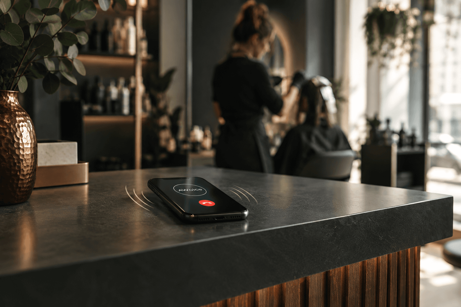 Auf dem Empfangstresen eines Coiffeursalons nimmt AWoice einen Anruf an, während die Coiffeuse im Hintergrund einer Kundin die Haare färbt.